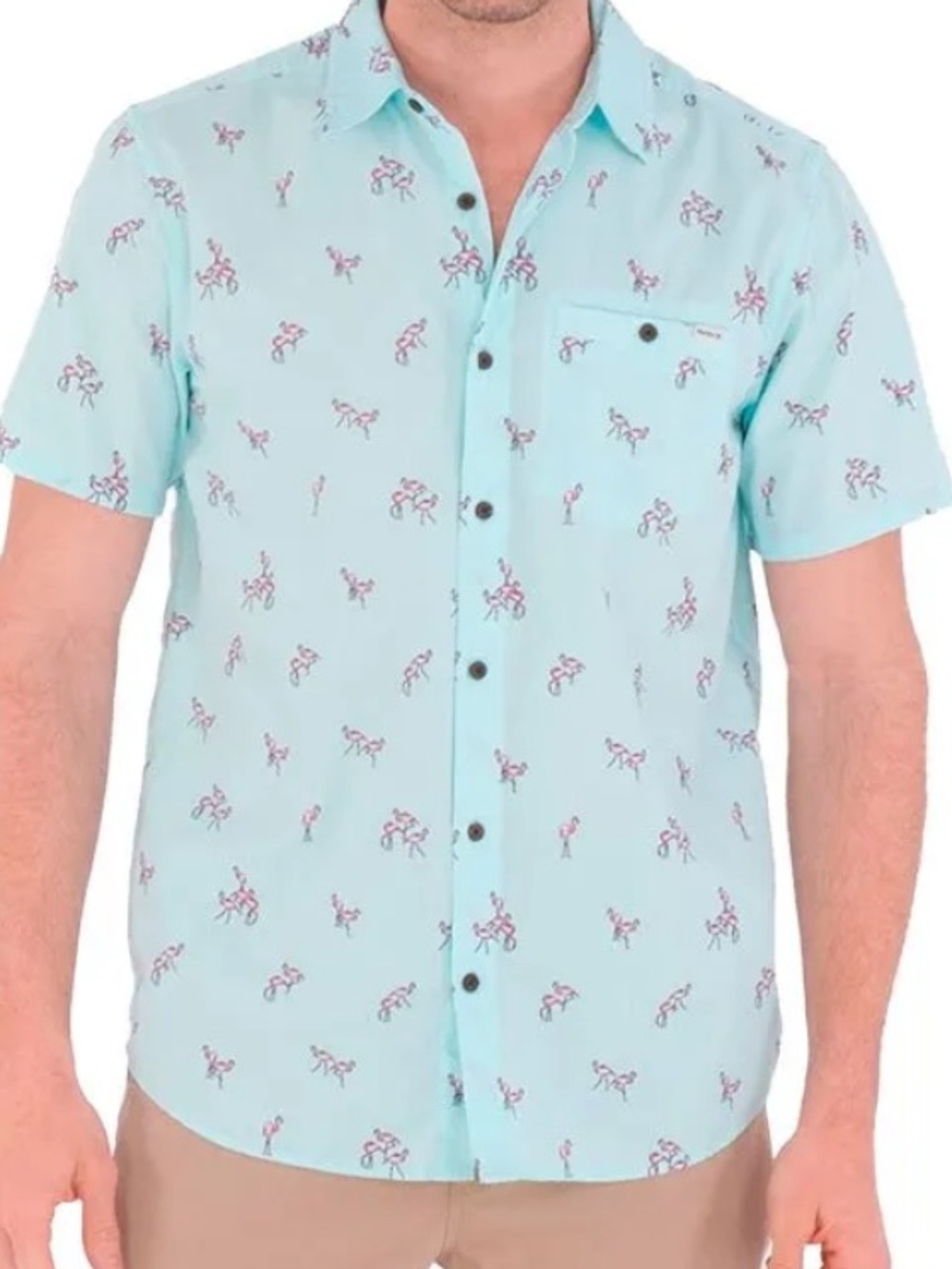 New Hurley Men's Light Aqua Blue Flamingo Pattern Button Up Shirt Size Medium